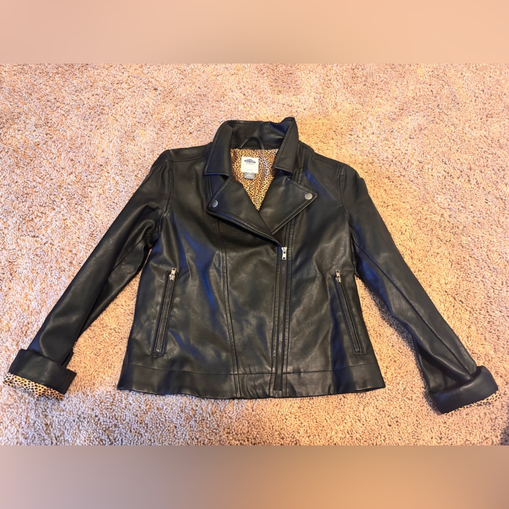 Old Navy Girls Black Faux Leather Jacket with Leopard Lining